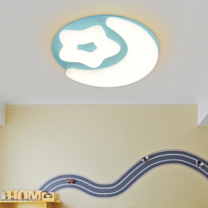 Minimalist Moon And Star Acrylic Flush Mount Led Ceiling Light In Pink/Green/Grey For Bedroom