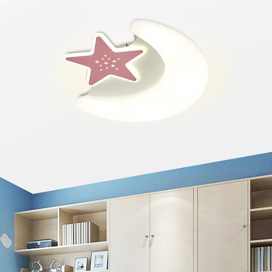 Kids Moon And Star Flush Mount Acrylic Led Ceiling Light Fixture: Pink/Blue Finish For Bedroom Pink
