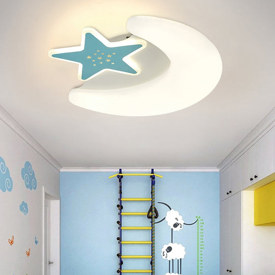 Kids Moon And Star Flush Mount Acrylic Led Ceiling Light Fixture: Pink/Blue Finish For Bedroom Blue
