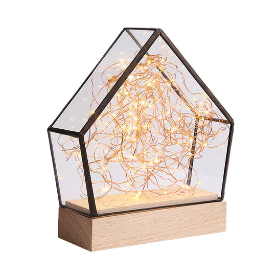 Childs Wood Nightstand Lamp With Clear Glass Integrated Led Inner Bear And String Décor