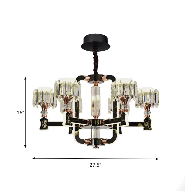 Modern Crystal Cylinder Led Chandelier With Black Finish (6/8 Bulbs) - Hanging Ceiling Lamp