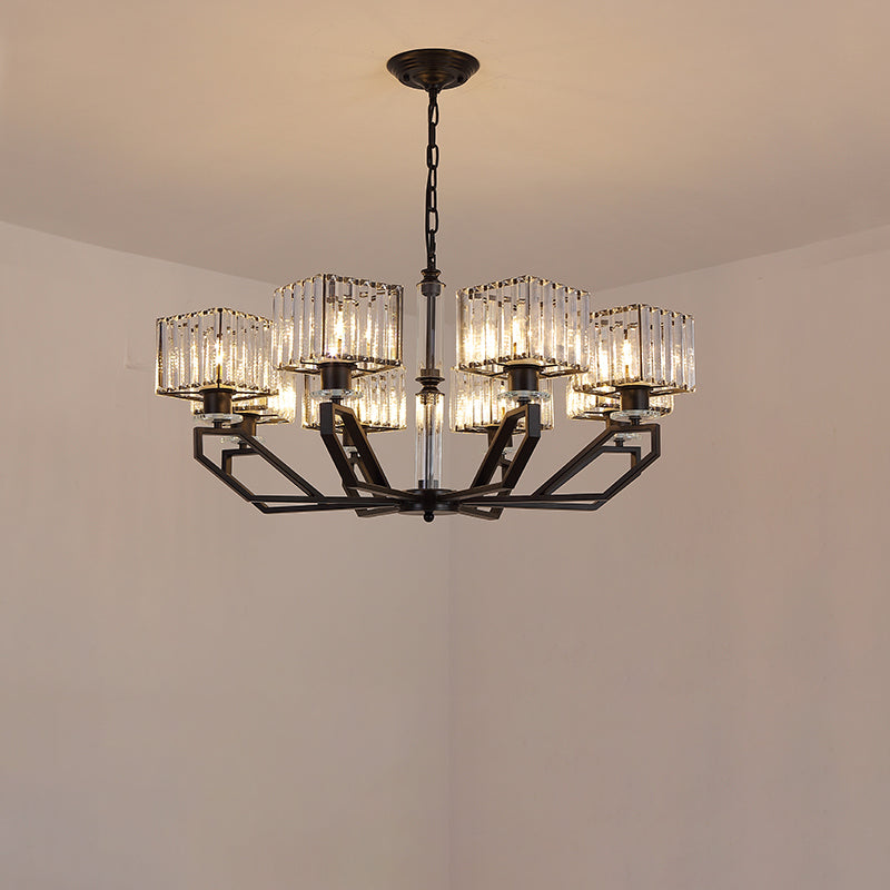 Modern Crystal Cuboid Chandelier 6 Light Ceiling Pendant Lamp in Black/Gold