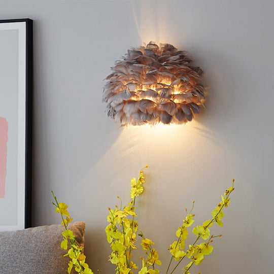 Designer Half Globe Wall Sconce With Feather Accent White/Grey Finish Grey