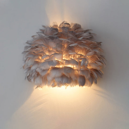 Designer Half Globe Wall Sconce With Feather Accent White/Grey Finish