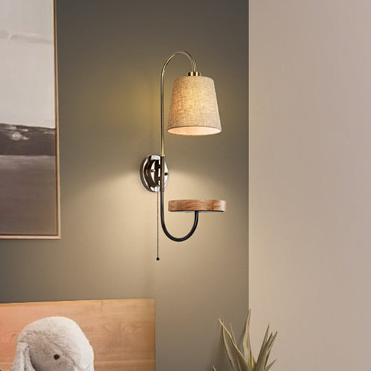 Modern Conical Fabric Wall Mount Lamp With Usb Port And Wood Rack