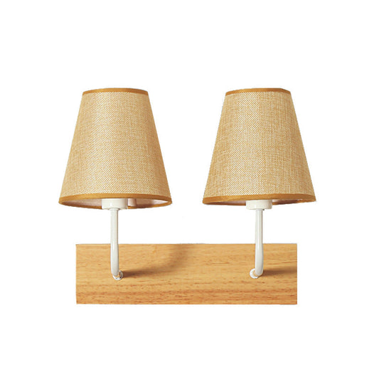 Nordic Flaxen Cone Shade Wall Mounted Light With Wood Backplate - 2 Bulbs Sconce Fixture