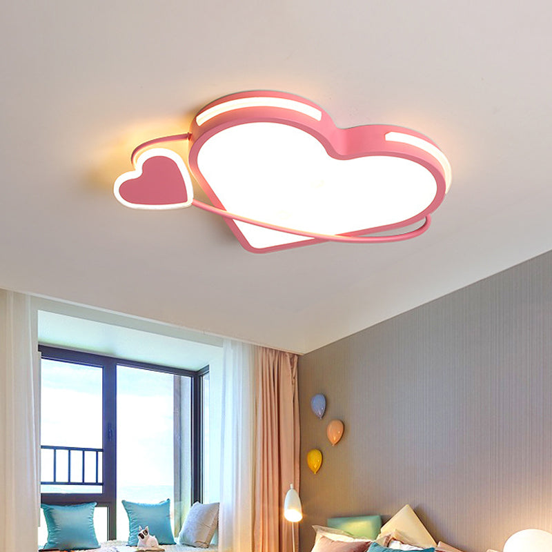 Modern Pink Flush Mount Ceiling Light With Dual Loving Heart Design - Bedroom Led Fixture
