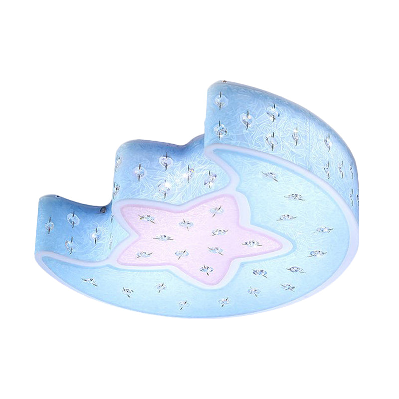 Modernist Led Moon And Star Flush Mount Pendant: Acrylic Blue/Pink Ceiling Lighting With Crystal