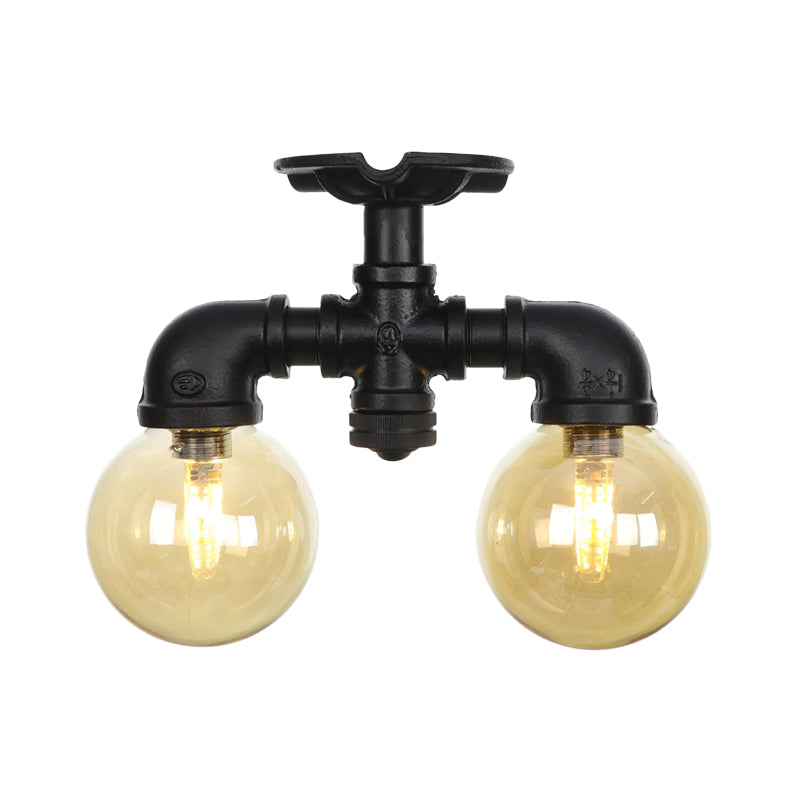 2 - Light Amber Glass Semi Flush Antiqued Black Sphere Ceiling Lamp