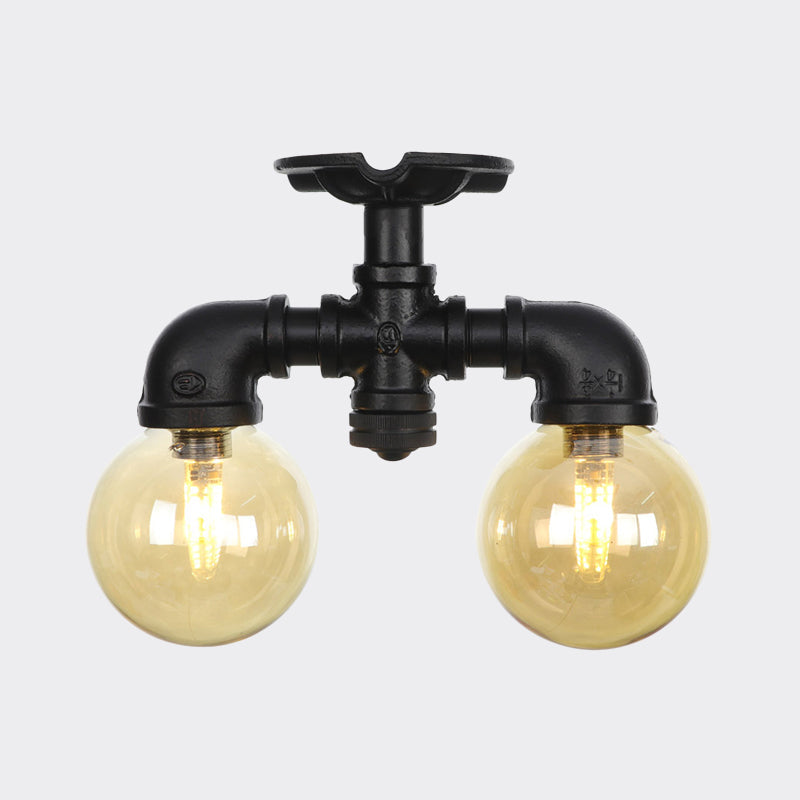 2 - Light Amber Glass Semi Flush Antiqued Black Sphere Ceiling Lamp