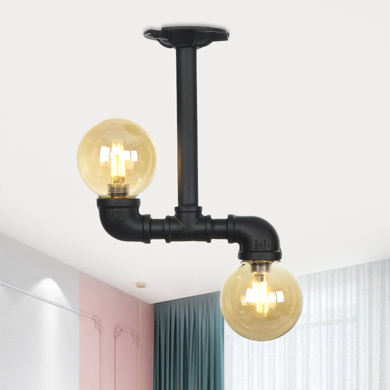 2 - Head Semi - Flush Industrial Ball Amber Glass Ceiling Fixture In Black / B