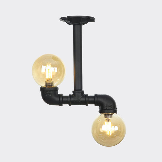 2 - Head Semi - Flush Industrial Ball Amber Glass Ceiling Fixture In Black