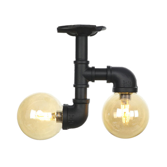 2 - Head Semi - Flush Industrial Ball Amber Glass Ceiling Fixture In Black