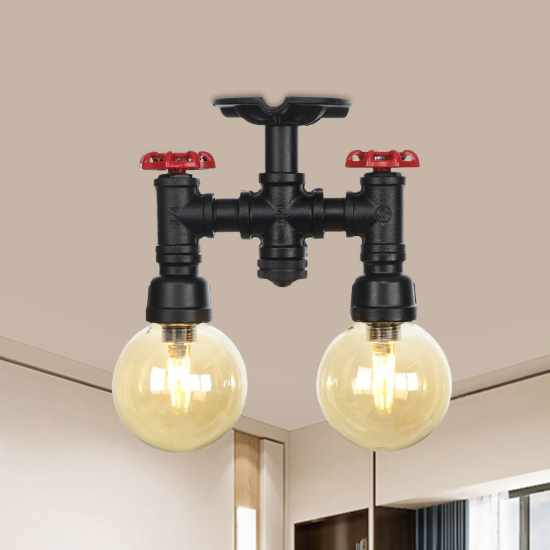 2 - Head Semi - Flush Industrial Ball Amber Glass Ceiling Fixture In Black