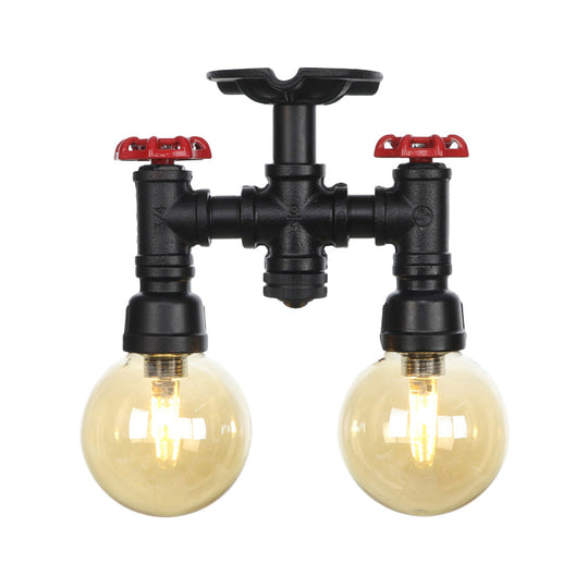 2 - Head Semi - Flush Industrial Ball Amber Glass Ceiling Fixture In Black