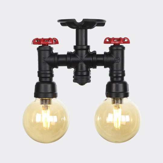 2 - Head Semi - Flush Industrial Ball Amber Glass Ceiling Fixture In Black