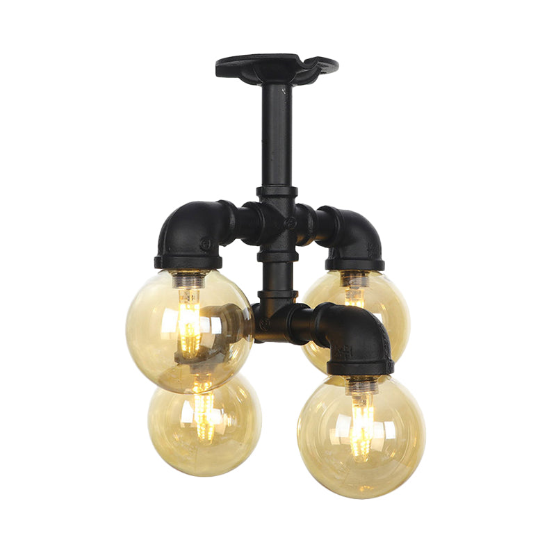 Industrial Black Ball Semi - Flush Ceiling Light - Amber Glass Led Flushmount (4/5/6 - Light)