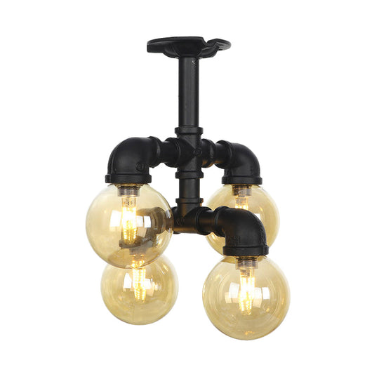 Industrial Black Ball Semi - Flush Ceiling Light - Amber Glass Led Flushmount (4/5/6 - Light)