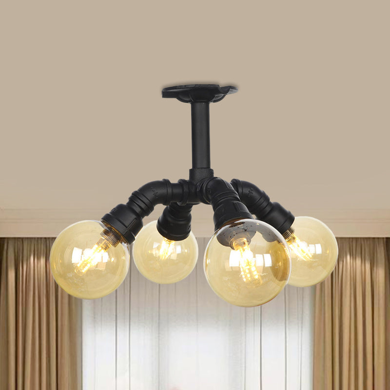 Industrial Black Ball Semi - Flush Ceiling Light - Amber Glass Led Flushmount (4/5/6 - Light)