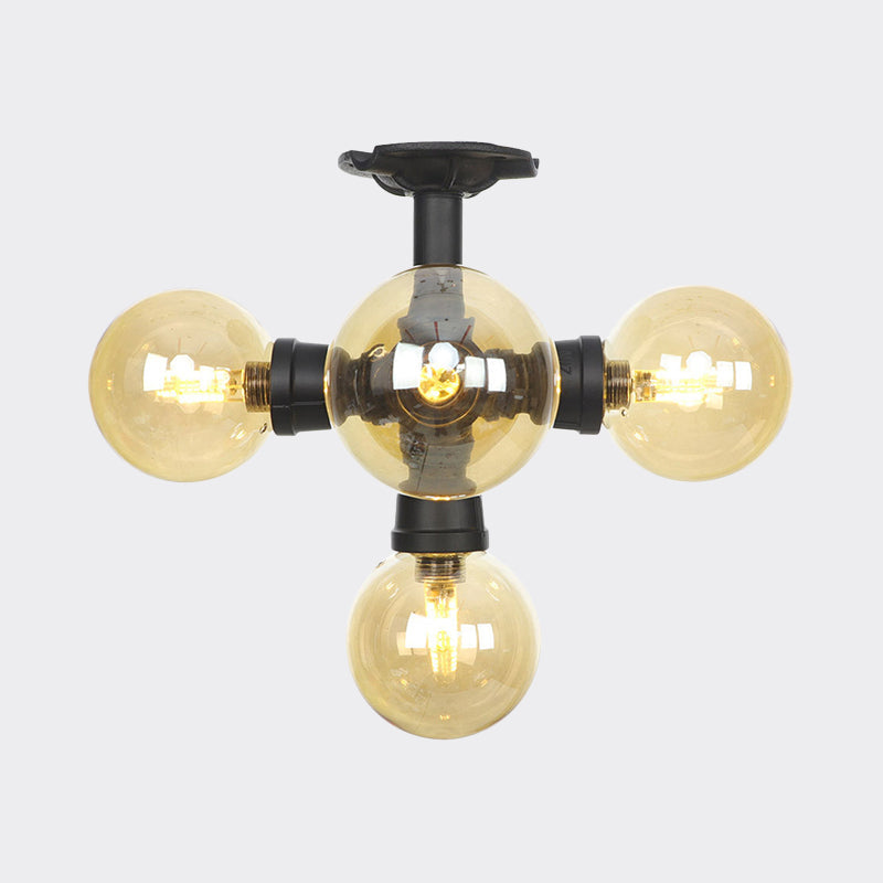 Industrial Black Ball Semi - Flush Ceiling Light - Amber Glass Led Flushmount (4/5/6 - Light)