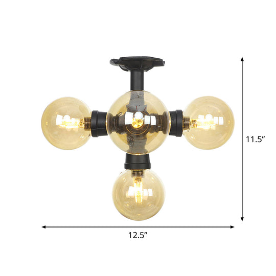 Industrial Black Ball Semi - Flush Ceiling Light - Amber Glass Led Flushmount (4/5/6 - Light)
