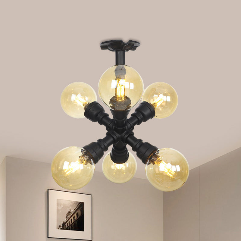 Industrial Black Ball Semi - Flush Ceiling Light - Amber Glass Led Flushmount (4/5/6 - Light)