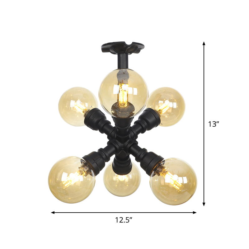 Industrial Black Ball Semi - Flush Ceiling Light - Amber Glass Led Flushmount (4/5/6 - Light)