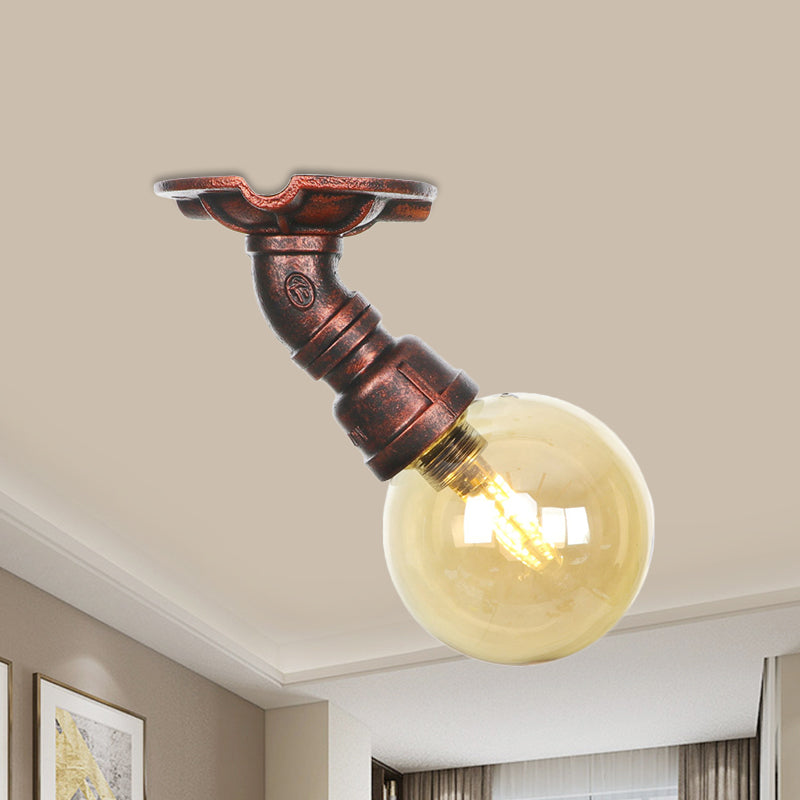 Copper Finish Semi Flush Mount Vintage Ceiling Lamp With Amber Glass Orb / A