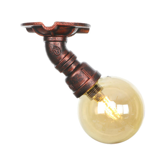 Copper Finish Semi Flush Mount Vintage Ceiling Lamp With Amber Glass Orb