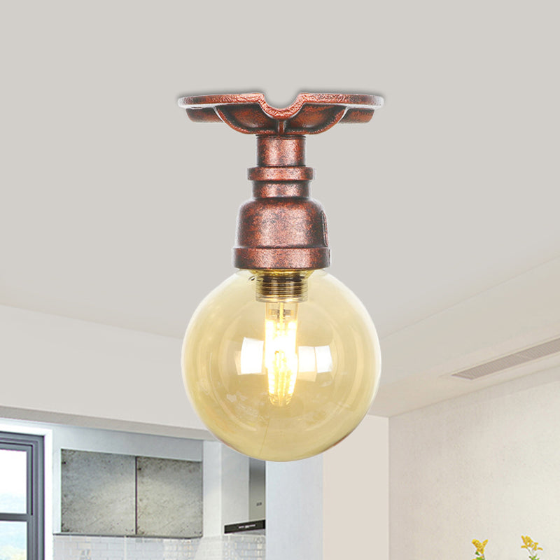 Copper Finish Semi Flush Mount Vintage Ceiling Lamp With Amber Glass Orb