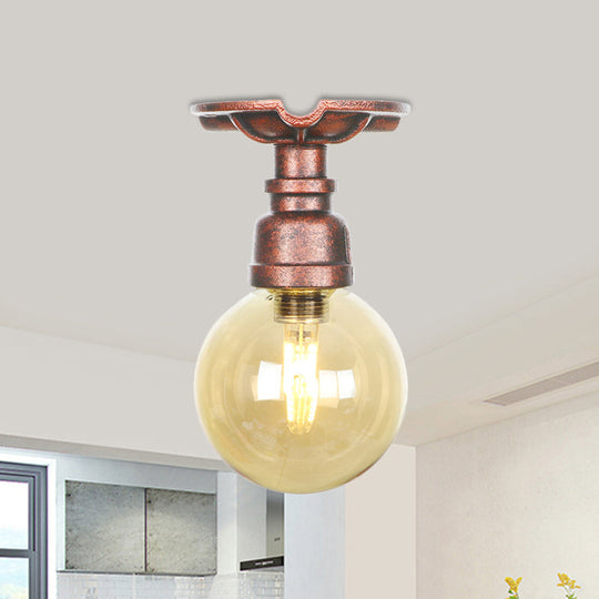 Copper Finish Semi Flush Mount Vintage Ceiling Lamp With Amber Glass Orb