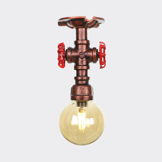 Copper Finish Semi Flush Mount Vintage Ceiling Lamp With Amber Glass Orb
