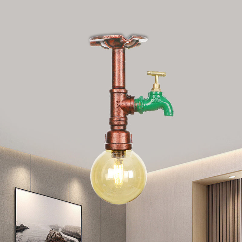 Copper Finish Semi Flush Mount Vintage Ceiling Lamp With Amber Glass Orb