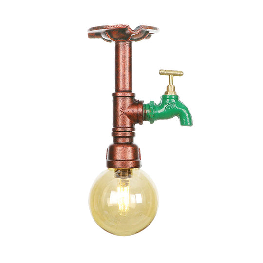 Copper Finish Semi Flush Mount Vintage Ceiling Lamp With Amber Glass Orb