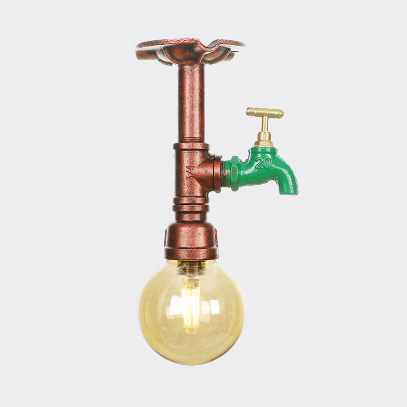 Copper Finish Semi Flush Mount Vintage Ceiling Lamp With Amber Glass Orb