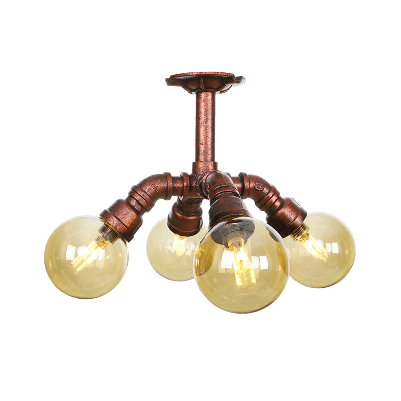 Copper Semi-Mount Led Flush Lamp In Amber Glass - Farmhouse Global Design