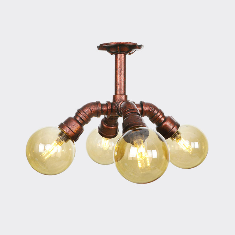 Copper Semi-Mount Led Flush Lamp In Amber Glass - Farmhouse Global Design