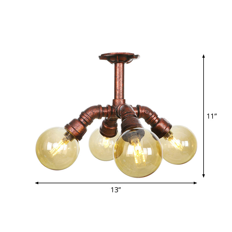 Copper Semi-Mount Led Flush Lamp In Amber Glass - Farmhouse Global Design