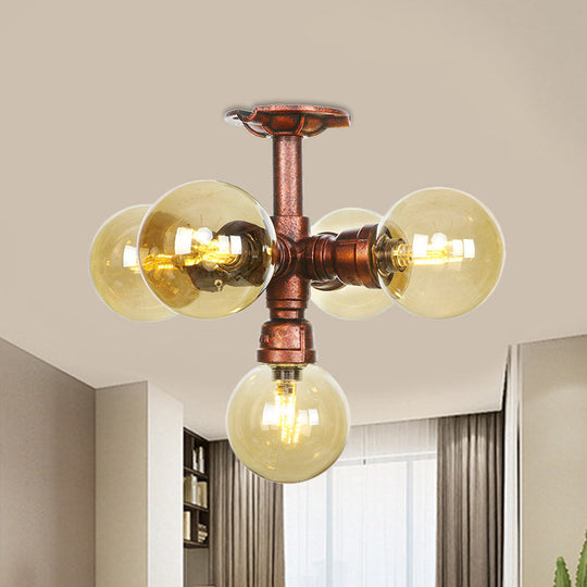 Copper Semi-Mount Led Flush Lamp In Amber Glass - Farmhouse Global Design