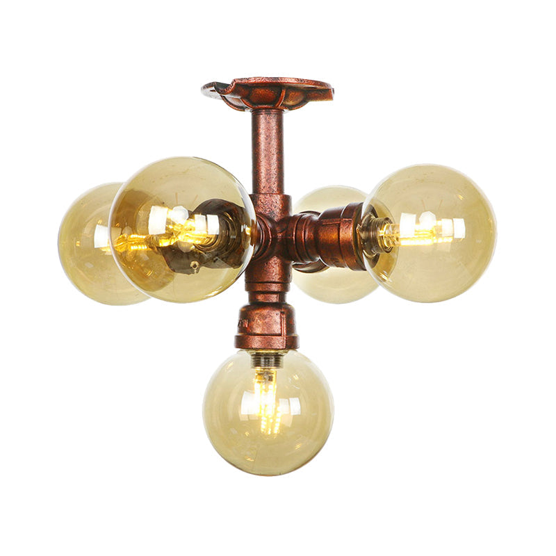 Copper Semi-Mount Led Flush Lamp In Amber Glass - Farmhouse Global Design