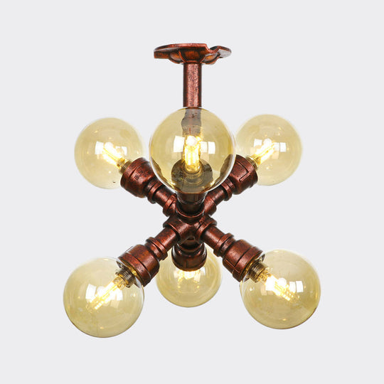 Copper Semi-Mount Led Flush Lamp In Amber Glass - Farmhouse Global Design