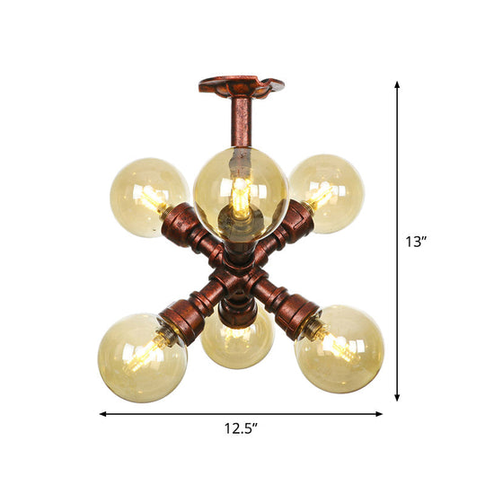 Copper Semi-Mount Led Flush Lamp In Amber Glass - Farmhouse Global Design