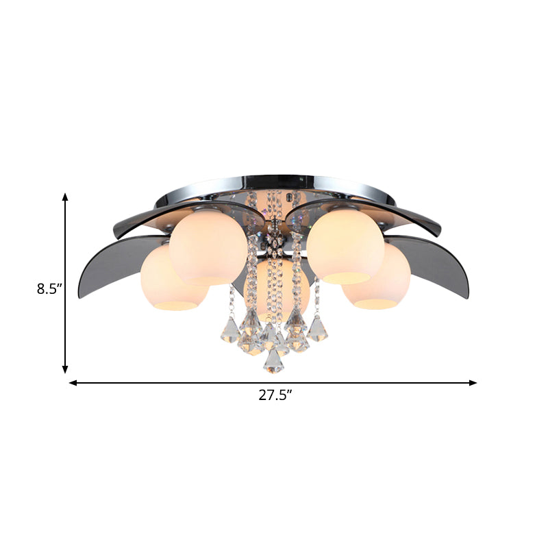 Contemporary Flush Mount Lamp With Milkglass Crystal Strand & Leaf Decor - 5 Lights Ideal For