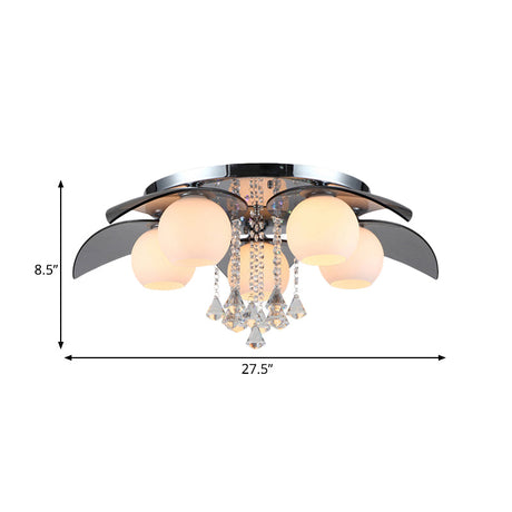 Contemporary Flush Mount Lamp With Milkglass Crystal Strand & Leaf Decor - 5 Lights Ideal For Hotels