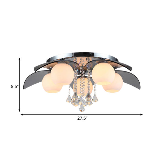 Contemporary Flush Mount Lamp With Milkglass Crystal Strand & Leaf Decor - 5 Lights Ideal For Hotels