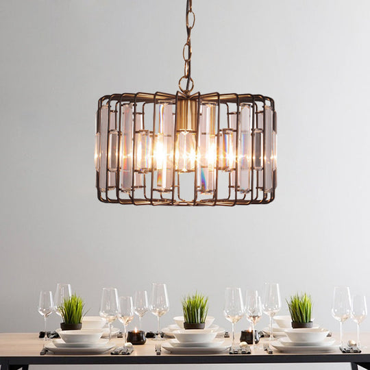 Brass Hanging Light Drum Cage - Crystal Embedded 11/13 Wide 1-Light Rustic Ceiling Pendant For