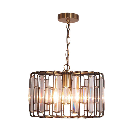 Brass Hanging Light Drum Cage With Crystal Accents - 11’/13’ Wide 1-Light Rustic Ceiling