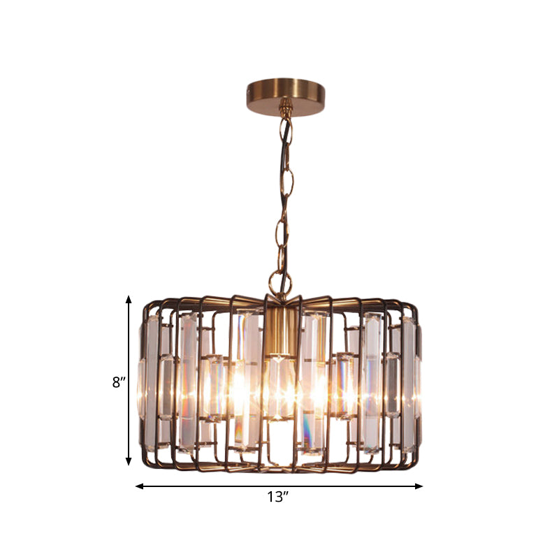 Brass Hanging Light Drum Cage With Crystal Accents - 11’/13’ Wide 1-Light Rustic Ceiling