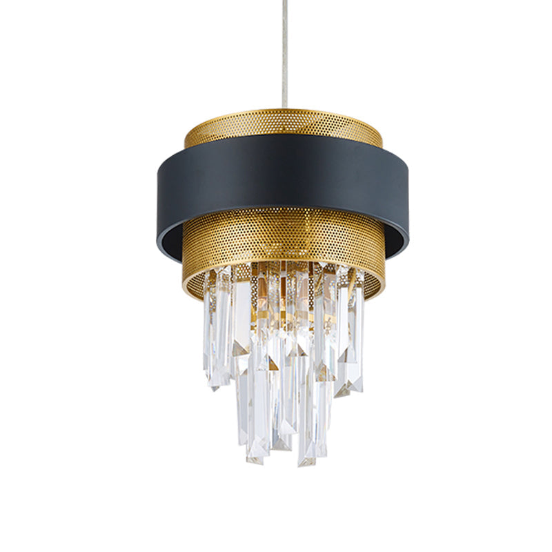 Retro Layered Hanging Lamp With Crystal Rod - 1 Bulb Suspension Lighting Circle Guard In Black &