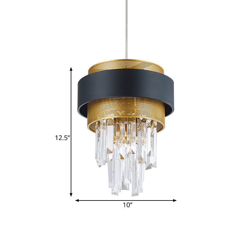 Retro Layered Hanging Lamp With Crystal Rod - 1 Bulb Suspension Lighting Circle Guard In Black &